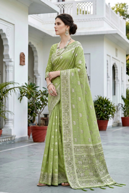 Pista Green Cotton Blend Woven Work Traditional Saree