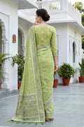 Pista Green Cotton Blend Woven Work Traditional Saree