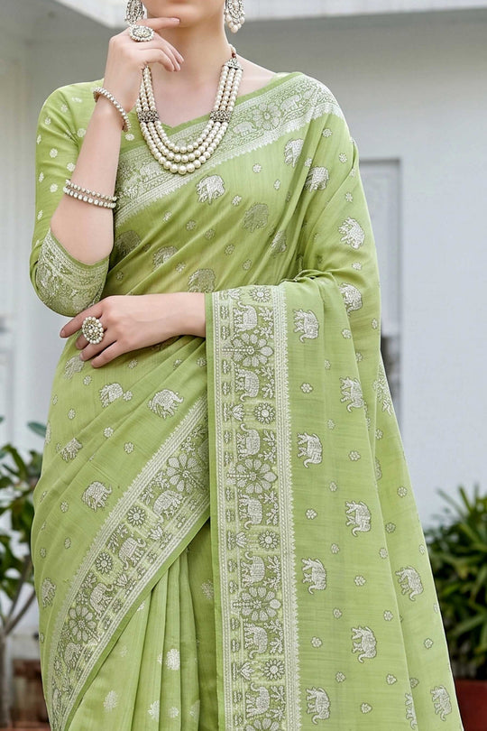 Pista Green Cotton Blend Woven Work Traditional Saree