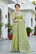 Pista Green Cotton Blend Woven Work Traditional Saree