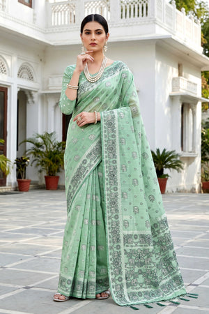 Mint Green Cotton Blend Woven Work Traditional Saree