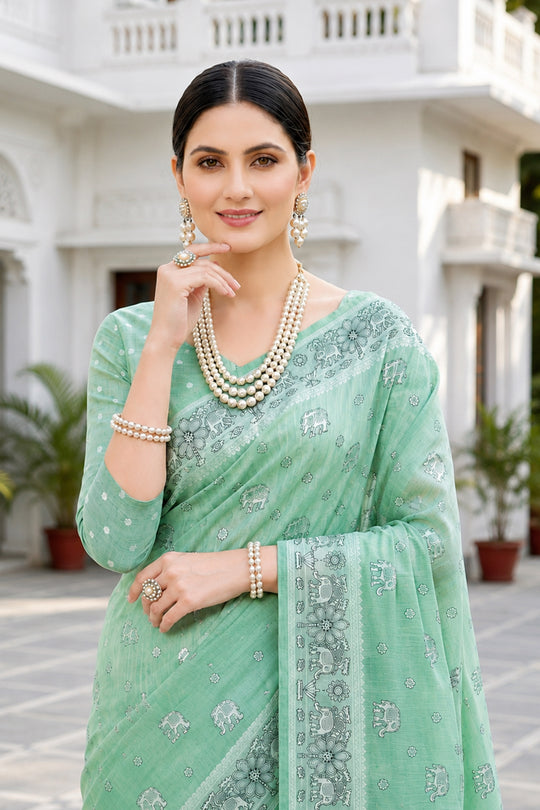 Mint Green Cotton Blend Woven Work Traditional Saree