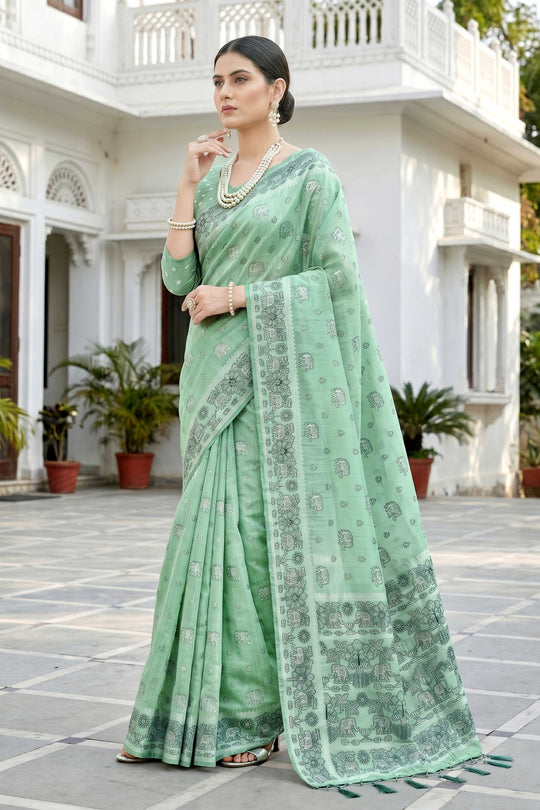 Mint Green Cotton Blend Woven Work Traditional Saree