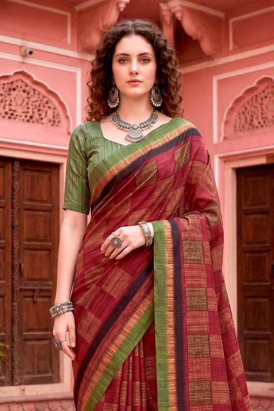 Maroon Georgette Woven Work Traditional Saree