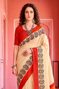 Cream Georgette Woven Work Traditional Saree