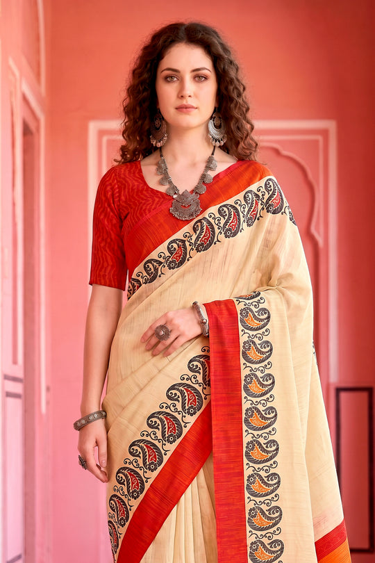 Cream Georgette Woven Work Traditional Saree