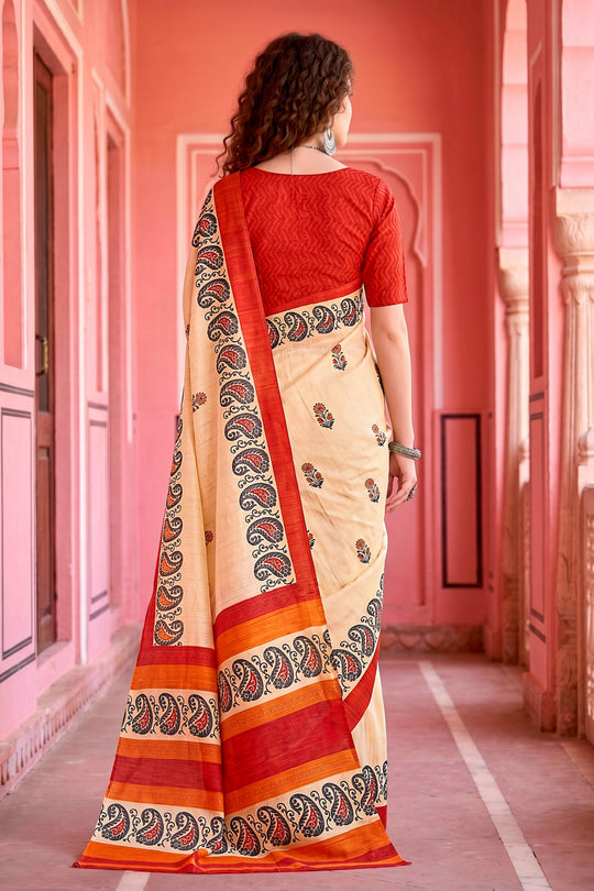 Cream Georgette Woven Work Traditional Saree