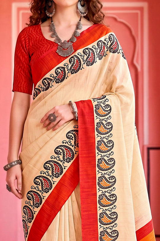 Cream Georgette Woven Work Traditional Saree
