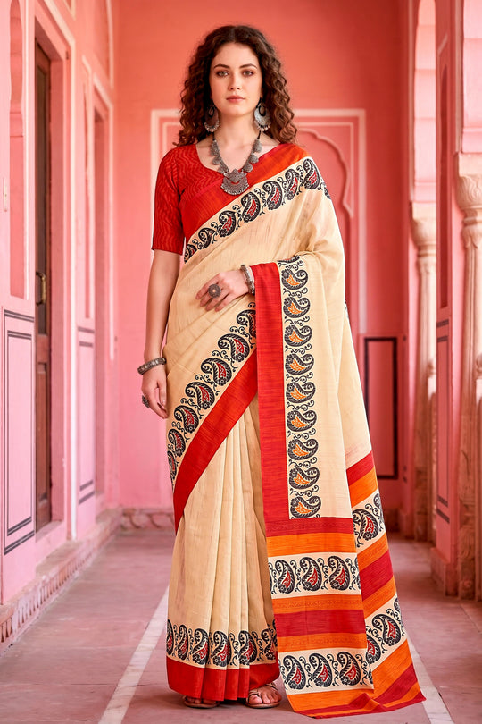 Cream Georgette Woven Work Traditional Saree