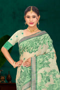 Green Cotton Blend Woven Work Traditional Saree