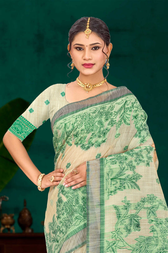 Green Cotton Blend Woven Work Traditional Saree