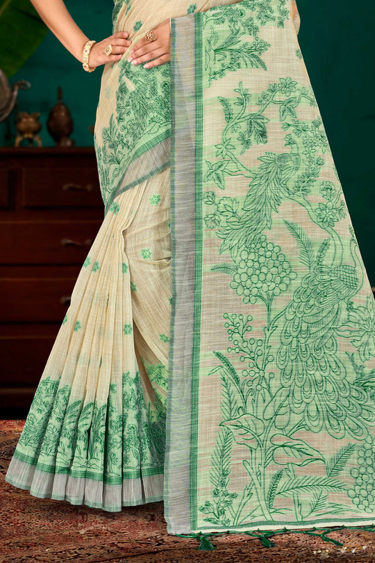 Green Cotton Blend Woven Work Traditional Saree