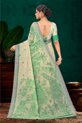 Green Cotton Blend Woven Work Traditional Saree