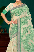 Green Cotton Blend Woven Work Traditional Saree