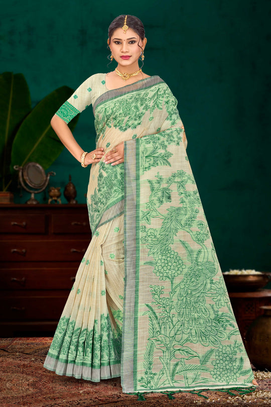 Green Cotton Blend Woven Work Traditional Saree
