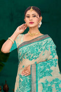 Aqua Green Cotton Blend Woven Work Traditional Saree