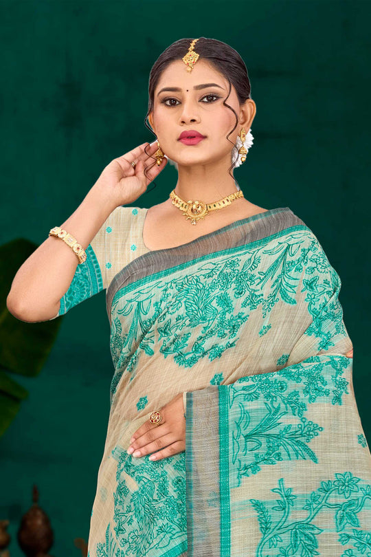 Aqua Green Cotton Blend Woven Work Traditional Saree