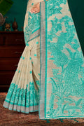 Aqua Green Cotton Blend Woven Work Traditional Saree