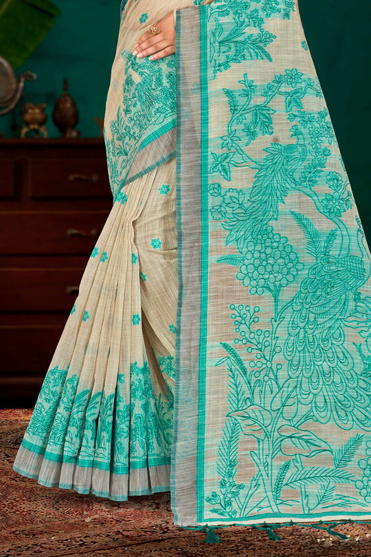 Aqua Green Cotton Blend Woven Work Traditional Saree