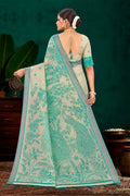 Aqua Green Cotton Blend Woven Work Traditional Saree