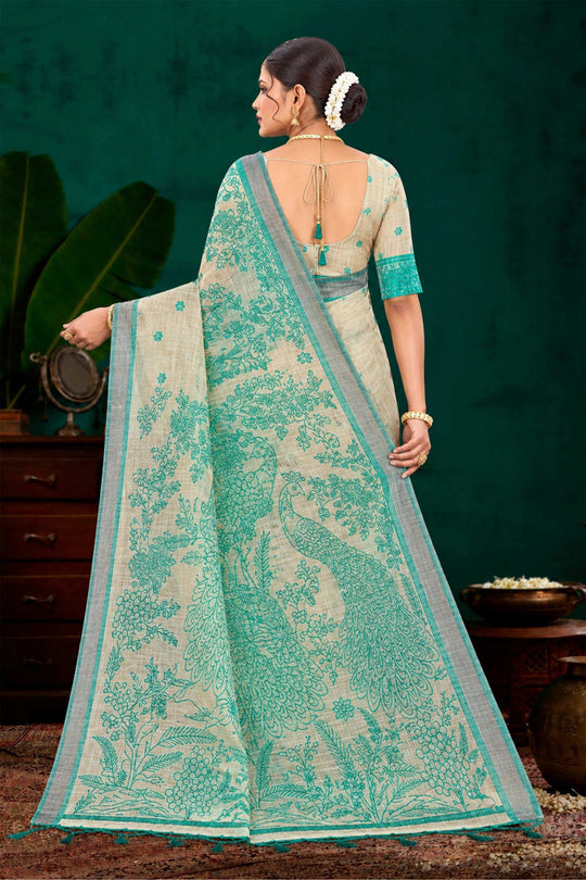 Aqua Green Cotton Blend Woven Work Traditional Saree