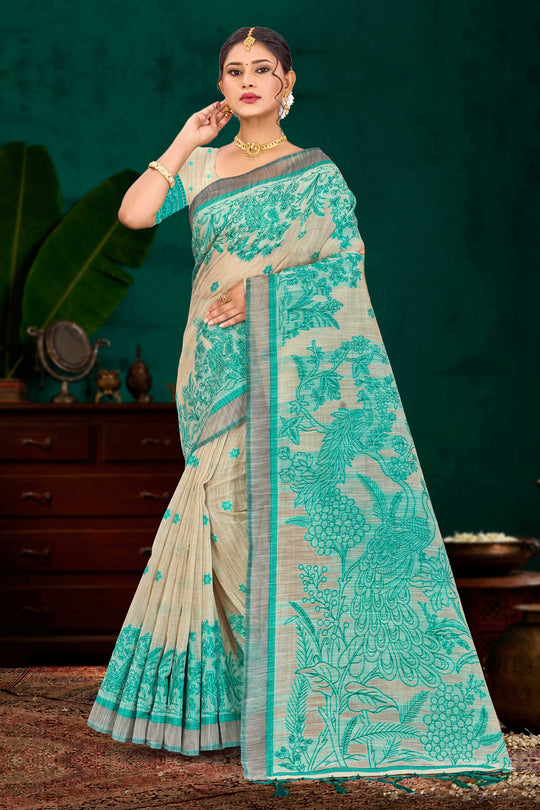 Aqua Green Cotton Blend Woven Work Traditional Saree