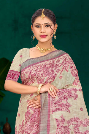 Pink Cotton Blend Woven Work Traditional Saree