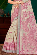 Pink Cotton Blend Woven Work Traditional Saree