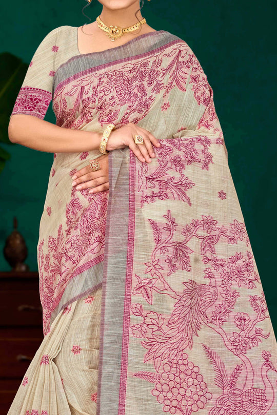 Pink Cotton Blend Woven Work Traditional Saree