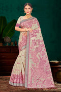 Pink Cotton Blend Woven Work Traditional Saree