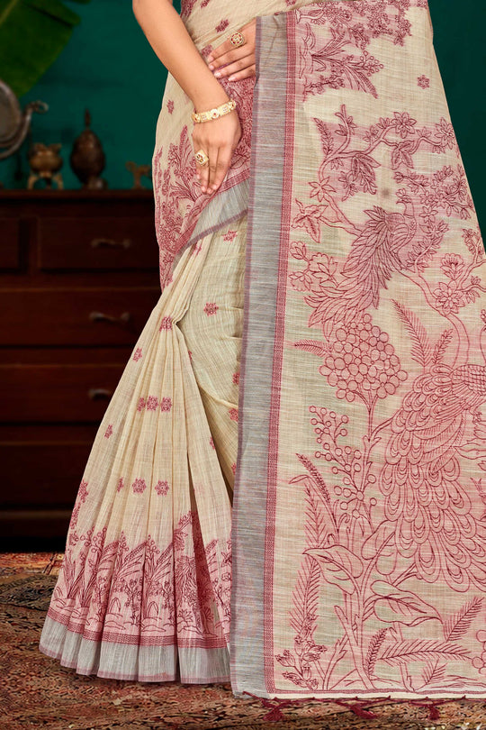 Maroon Cotton Blend Woven Work Traditional Saree