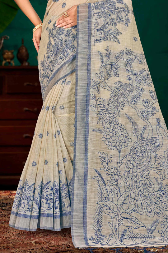 Navy Blue Cotton Blend Woven Work Traditional Saree