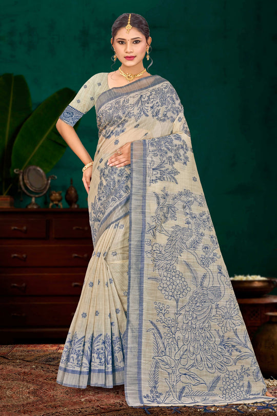 Navy Blue Cotton Blend Woven Work Traditional Saree
