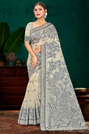 Grey Cotton Blend Woven Work Traditional Saree