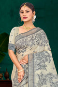 Grey Cotton Blend Woven Work Traditional Saree