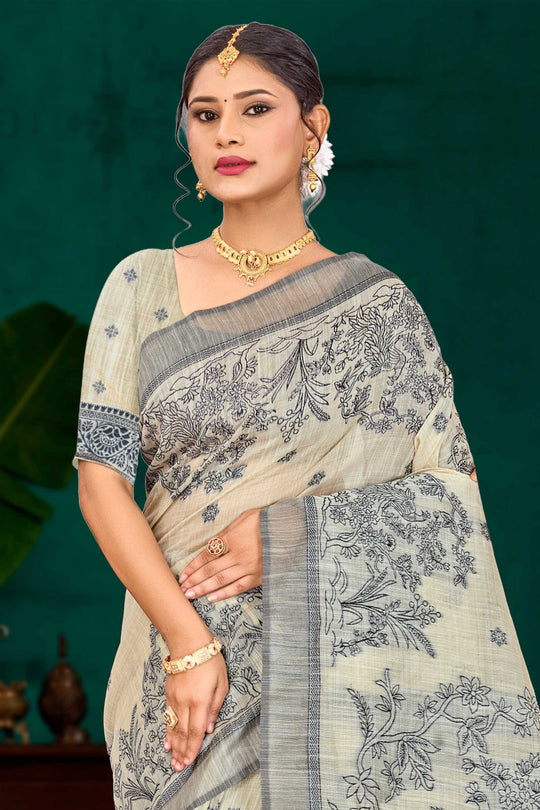 Grey Cotton Blend Woven Work Traditional Saree