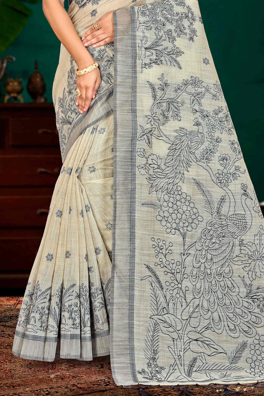 Grey Cotton Blend Woven Work Traditional Saree