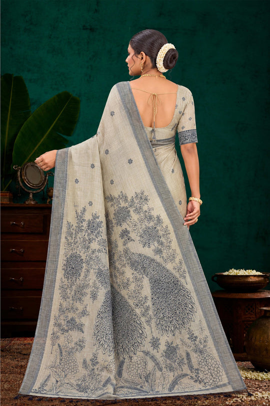 Grey Cotton Blend Woven Work Traditional Saree