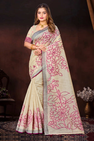 Pink Cotton Blend Woven Work Traditional Saree