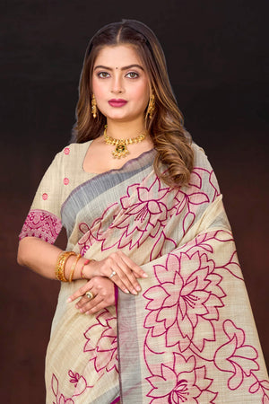 Pink Cotton Blend Woven Work Traditional Saree