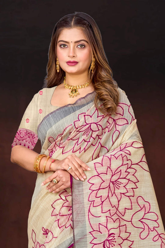 Pink Cotton Blend Woven Work Traditional Saree