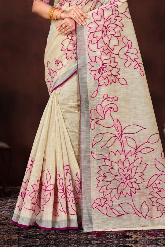 Pink Cotton Blend Woven Work Traditional Saree
