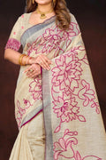 Pink Cotton Blend Woven Work Traditional Saree