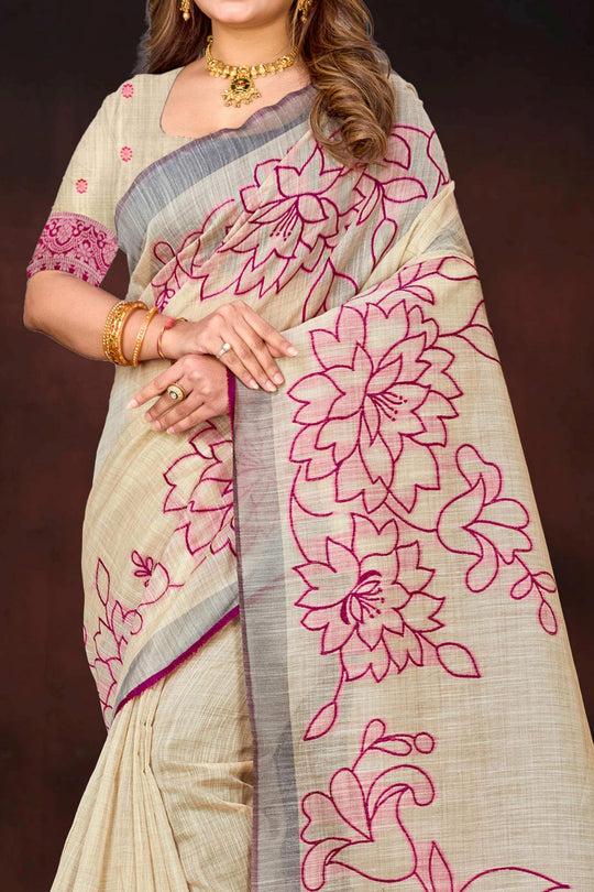 Pink Cotton Blend Woven Work Traditional Saree
