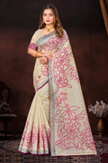 Pink Cotton Blend Woven Work Traditional Saree