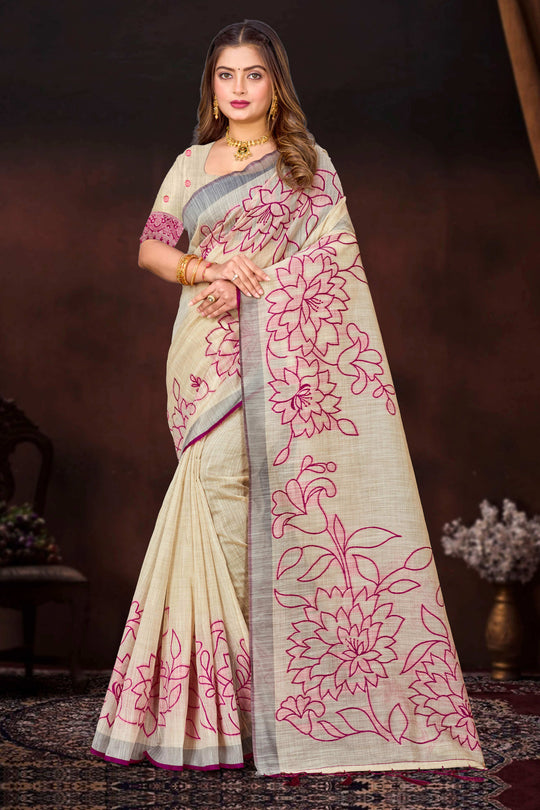 Pink Cotton Blend Woven Work Traditional Saree