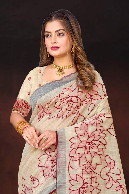 Maroon Cotton Blend Woven Work Traditional Saree
