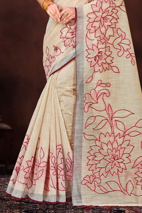Maroon Cotton Blend Woven Work Traditional Saree