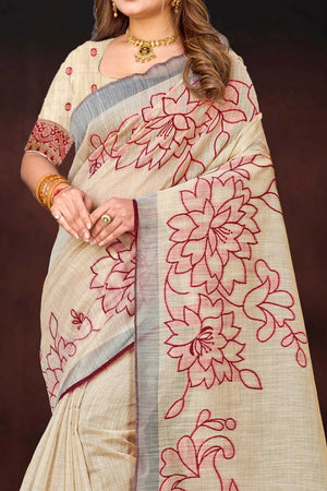 Maroon Cotton Blend Woven Work Traditional Saree