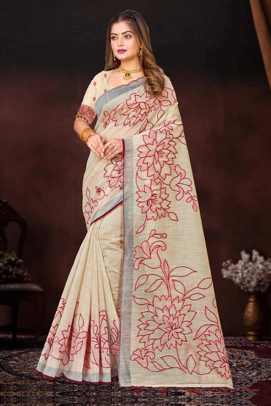 Maroon Cotton Blend Woven Work Traditional Saree